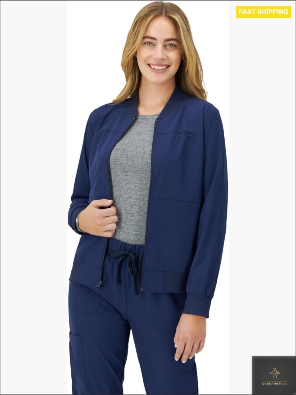 Zip-Up Bomber Scrub Jacket Stretch Fabric Moisture Wicking Full Zip Long Sleeve